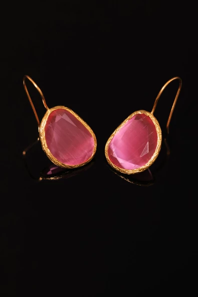 Güneş Taşı Serisi Kedi Gözü Fasülye Kesim Turkuaz Kadın Küpe - 5