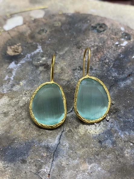 Güneş Taşı Serisi Kedi Gözü Fasülye Kesim Turkuaz Kadın Küpe - 2