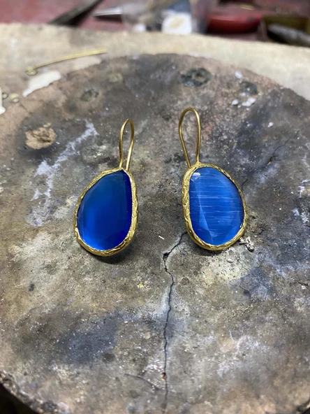 Güneş Taşı Serisi Kedi Gözü Fasülye Kesim Turkuaz Kadın Küpe - 4