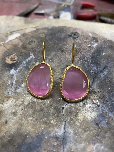 Güneş Taşı Serisi Kedi Gözü Fasülye Kesim Turkuaz Kadın Küpe - 3