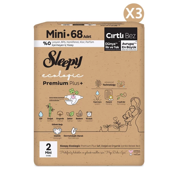 Sleepy Ecologic Premium Plus Avantajlı Paket Bebek Bezi 2 Numara Mini 204 Adet - Resim 2