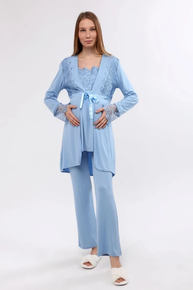 Luvmabelly MYRA9641 Sabahlıklı Dantelli Hamile Pijama Takımı -Mavi