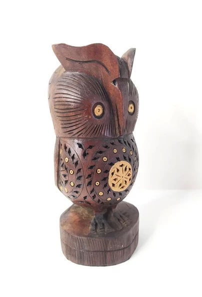 Ahşap Dekoratif El Oyması Baykuş Biblo 16 cm - 4