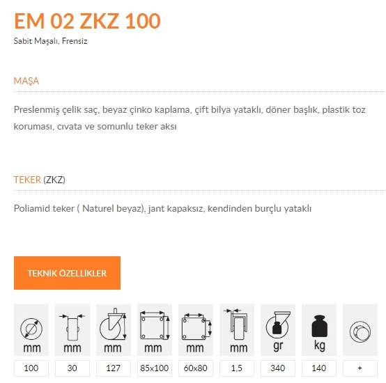 Emes EM02 ZKZ 100 Sabit Maşalı Frensiz Kemik Teker 100 mm 140 Kg - 2