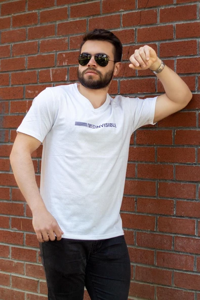 Beyaz Invisible Yazılı Kısa Kollu V Yaka Erkek Tişört 20ETSHNVSB - 7