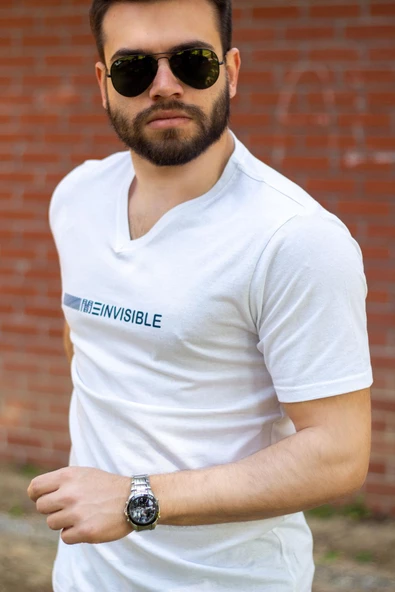 Beyaz Invisible Yazılı Kısa Kollu V Yaka Erkek Tişört 20ETSHNVSB - 3