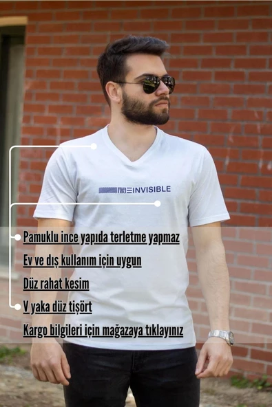 Beyaz Invisible Yazılı Kısa Kollu V Yaka Erkek Tişört 20ETSHNVSB - 4