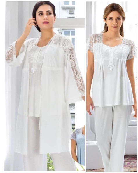 Duchesse 3008 Ecru Hamile Lohusa 3 Lü Pİjama Sabahlık Tk - 5