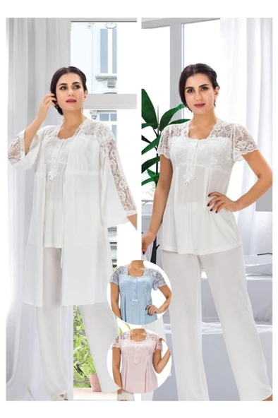 Duchesse 3008 Ecru Hamile Lohusa 3 Lü Pİjama Sabahlık Tk - 4