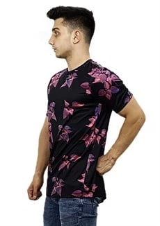 Çiçek Desenli Siyah T-Shirt - 2
