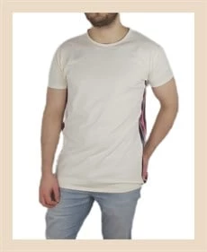 Boyu Uzun Yanı Şeritli Krem T-shirt - Resim 2