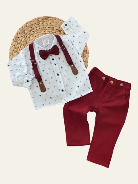 Derin Bebe Papyonlu Pantolon Askılı Gömlekli Takım Bordo - 2