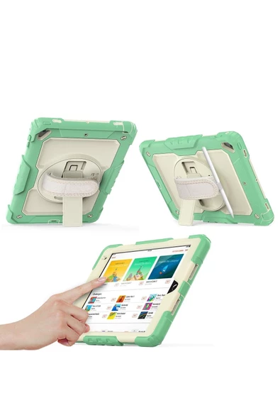 Apple iPad 5. 6. Nesil 2017 2018 9.7" inch Strap Tablet Kılıfı Ekran Koruyuculu Kalemlikli 360°Döner Darbeye Dayanıklı - Resim 11