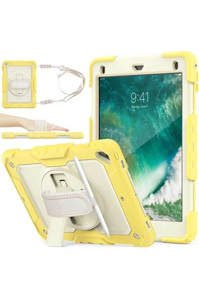 Apple iPad 5. 6. Nesil 2017 2018 9.7" inch Strap Tablet Kılıfı Ekran Koruyuculu Kalemlikli 360°Döner Darbeye Dayanıklı - Resim 3