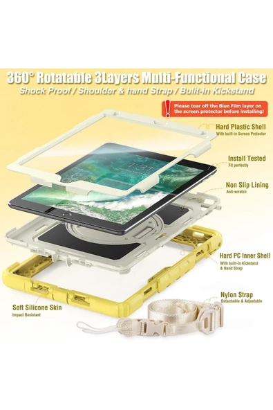 Apple iPad 5. 6. Nesil 2017 2018 9.7" inch Strap Tablet Kılıfı Ekran Koruyuculu Kalemlikli 360°Döner Darbeye Dayanıklı - Resim 7