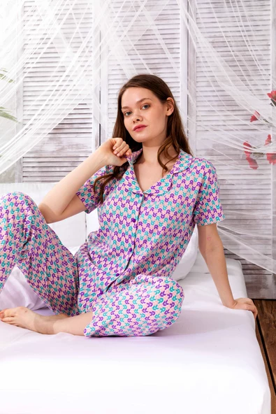 Yazlık Pamuklu Biyeli Önden Düğmeli Kısa Kol Retro Pijama Takımı - 5