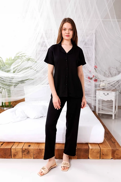 Yazlık Pamuklu Biyeli Önden Düğmeli Kısa Kol Retro Pijama Takımı - 9