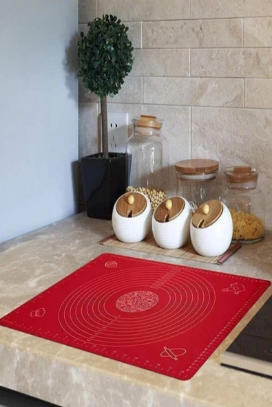 Tilbe Home Silikon Hamur Matı Hamur Açma Pasta Fırın Altlığı Matı Ölçülü Hamur Yoğurma Kırmızı Orta Boy 50X40 - 2
