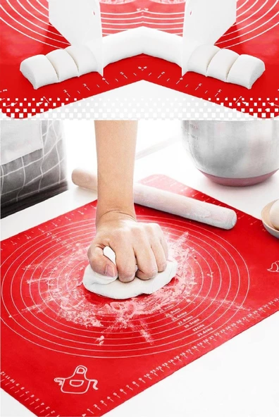 Tilbe Home Silikon Hamur Matı Hamur Açma Pasta Fırın Altlığı Matı Ölçülü Hamur Yoğurma Kırmızı Orta Boy 50X40 - 3