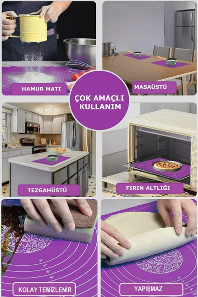 Tilbe Home Silikon Hamur Matı Hamur Açma Pasta Fırın Altlığı Matı Ölçülü Hamur Yoğurma Mor Orta Boy 50X40 - 3