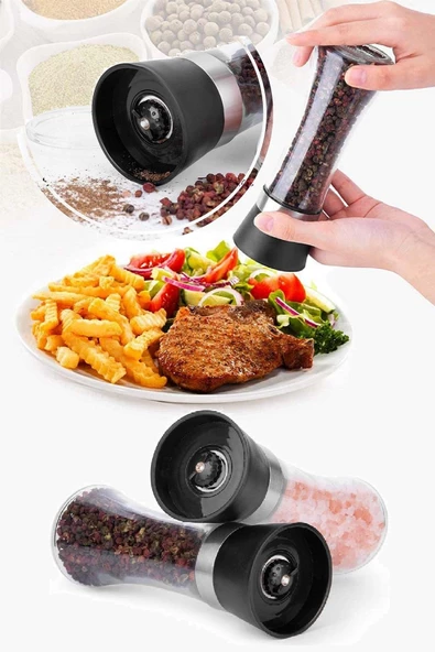 Tilbe Home 2 Adet Karabiber Tuzluk Değirmeni Seramik Bıçaklı Baharat Öğütücü Büyük Boy Set - Resim 2