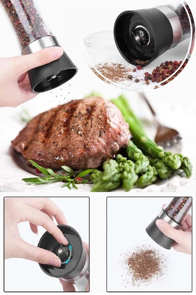 Tilbe Home 2 Adet Karabiber Tuzluk Değirmeni Seramik Bıçaklı Baharat Öğütücü Büyük Boy Set - Resim 3