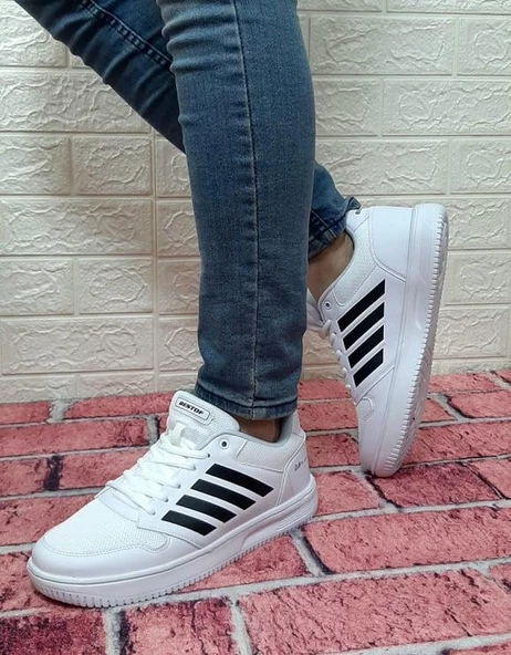 Bestof 074 Beyaz-Siyah Sneaker Düz Taban Hafif Rahat Spor Çift Ayakkabısı - 5