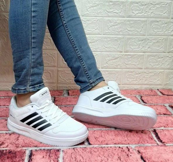 Bestof 074 Beyaz-Siyah Sneaker Düz Taban Hafif Rahat Spor Çift Ayakkabısı - 3