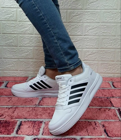 Bestof 074 Beyaz-Siyah Sneaker Düz Taban Hafif Rahat Spor Çift Ayakkabısı - 2