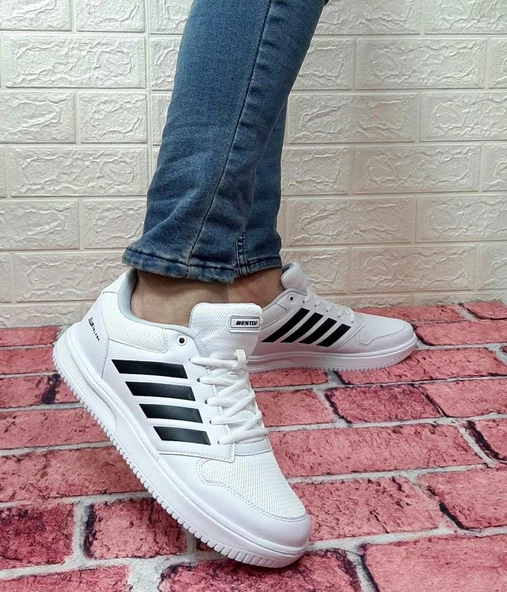 Bestof 074 Beyaz-Siyah Sneaker Düz Taban Hafif Rahat Spor Çift Ayakkabısı - 4