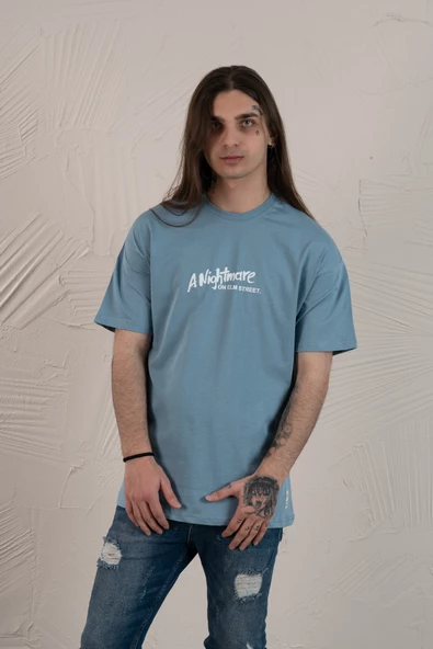 OVERSİZE BASKILI SIFIR YAKA ERKEK PENYE T-SHİRT - 5