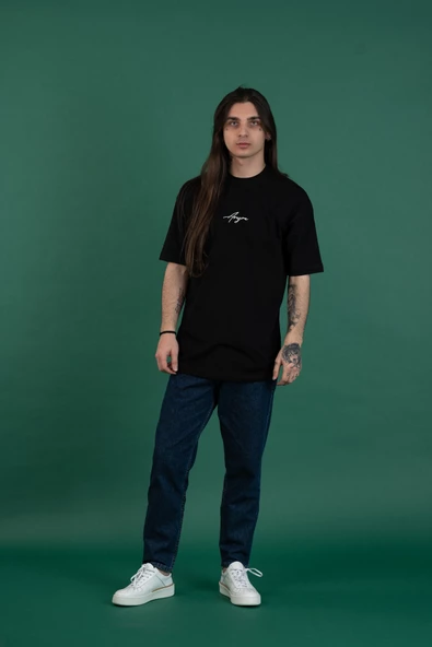 OVERSİZE BASKILI SIFIR YAKA ERKEK PENYE T-SHİRT - Resim 2