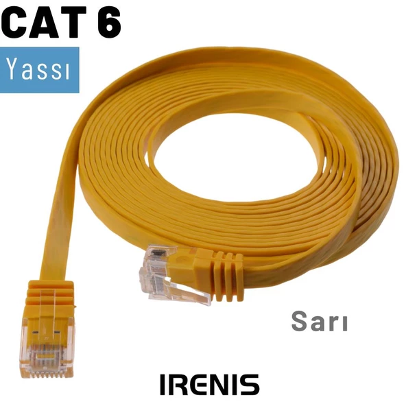 IRENIS CAT6 Kablo Yassı Ethernet Network Lan Ağ İnternet Kablosu  5 Metre Sarı