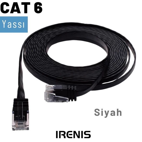 IRENIS CAT6 Kablo Yassı Ethernet Network Lan Ağ İnternet Kablosu  5 Metre Siyah