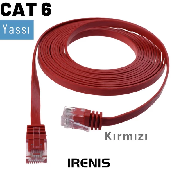 IRENIS CAT6 Kablo Yassı Ethernet Network Lan Ağ İnternet Kablosu  5 Metre Kırmızı