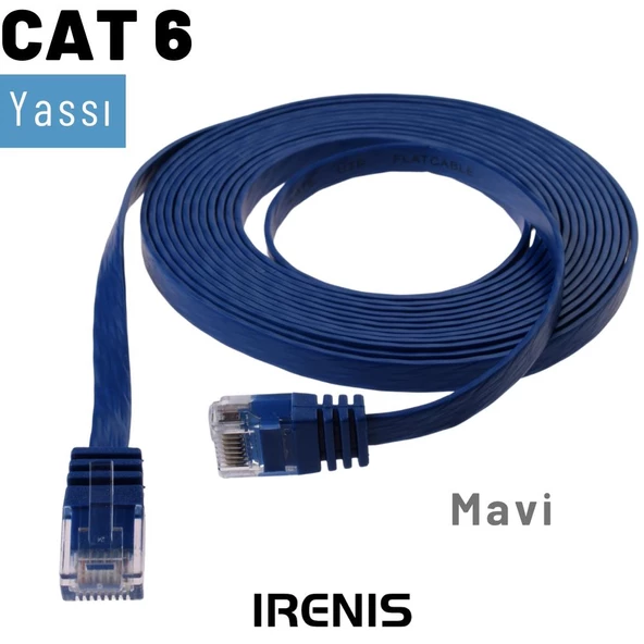 IRENIS CAT6 Kablo Yassı Ethernet Network Lan Ağ İnternet Kablosu  5 Metre Mavi