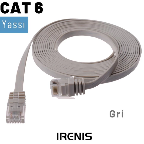 IRENIS CAT6 Kablo Yassı Ethernet Network Lan Ağ İnternet Kablosu  5 Metre Gri