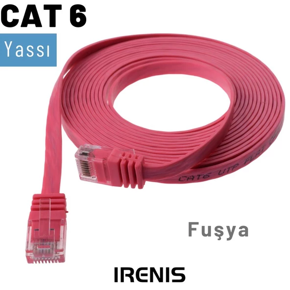 IRENIS CAT6 Kablo Yassı Ethernet Network Lan Ağ İnternet Kablosu  15 Metre Fuşya