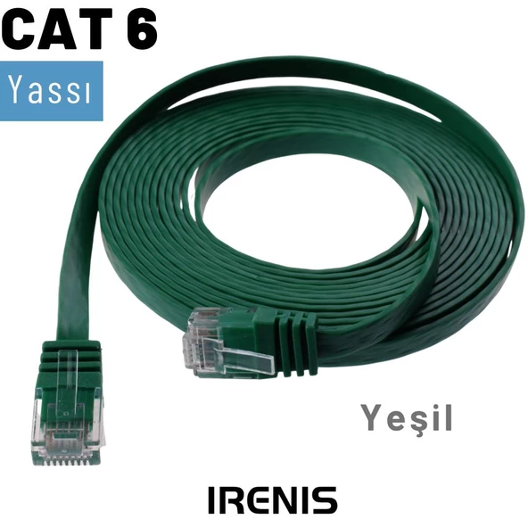 IRENIS CAT6 Kablo Yassı Ethernet Network Lan Ağ İnternet Kablosu  5 Metre Yeşil
