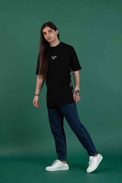 OVERSİZE BASKILI SIFIR YAKA ERKEK PENYE T-SHİRT - 4