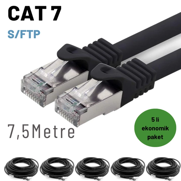 5 adet IRENIS CAT7 Kablo S/FTP Ethernet Network LAN Ağ Kablosu  7.50 Metre Siyah