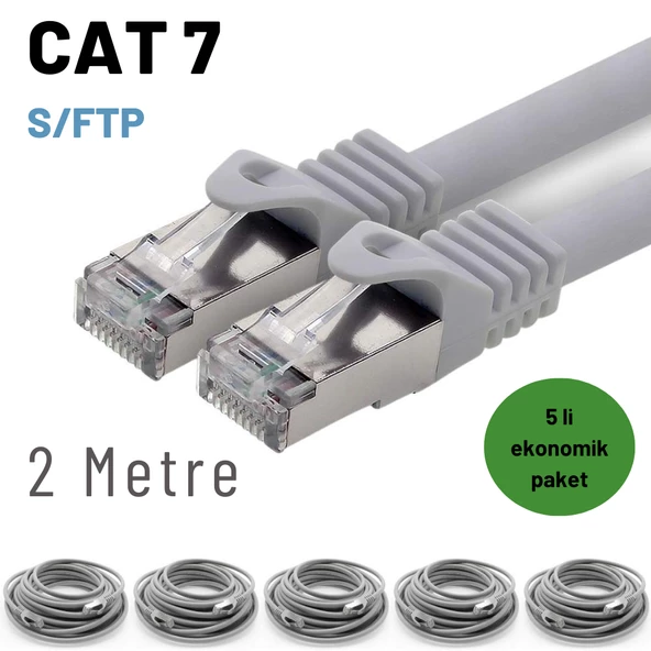 5 adet IRENIS CAT7 Kablo S/FTP Ethernet Network LAN Ağ Kablosu  2 Metre Gri