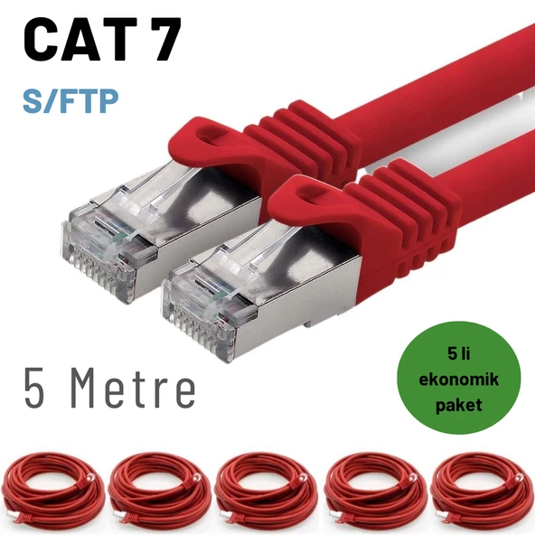 5 adet IRENIS CAT7 Kablo S/FTP Ethernet Network LAN Ağ Kablosu  5 Metre Kırmızı ürün görseli