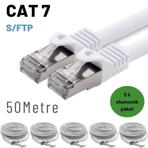 5 adet IRENIS CAT7 Kablo S/FTP Ethernet Network LAN Ağ Kablosu  50 Metre Beyaz