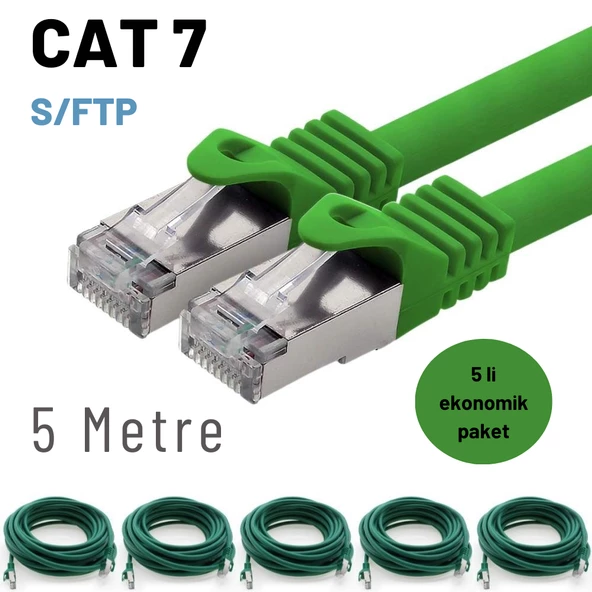 5 adet IRENIS CAT7 Kablo S/FTP Ethernet Network LAN Ağ Kablosu  5 Metre Yeşil