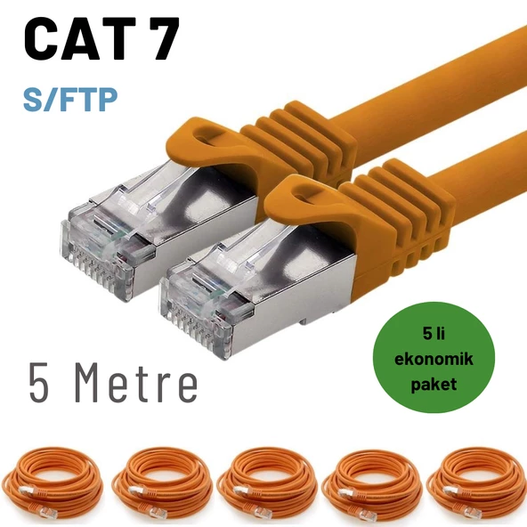 5 adet IRENIS CAT7 Kablo S/FTP Ethernet Network LAN Ağ Kablosu  5 Metre Turuncu