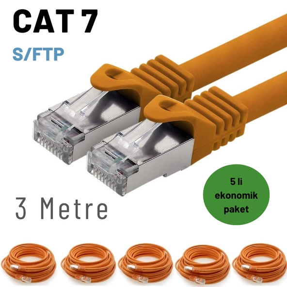 5 adet IRENIS CAT7 Kablo S/FTP Ethernet Network LAN Ağ Kablosu  3 Metre Turuncu