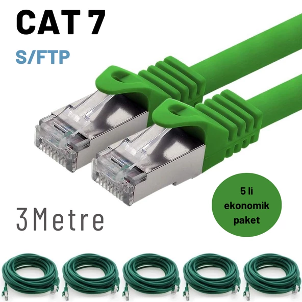 5 adet IRENIS CAT7 Kablo S/FTP Ethernet Network LAN Ağ Kablosu  3 Metre Yeşil