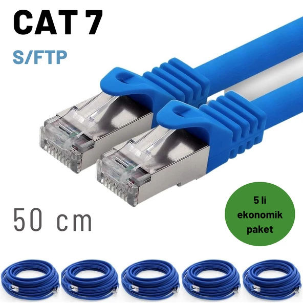 5 adet IRENIS CAT7 Kablo S/FTP Ethernet Network LAN Ağ Kablosu  50 cm Mavi