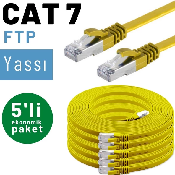5 adet IRENIS CAT7 Kablo Yassı FTP Ethernet Network LAN Kablosu  2 Metre Gri - 9